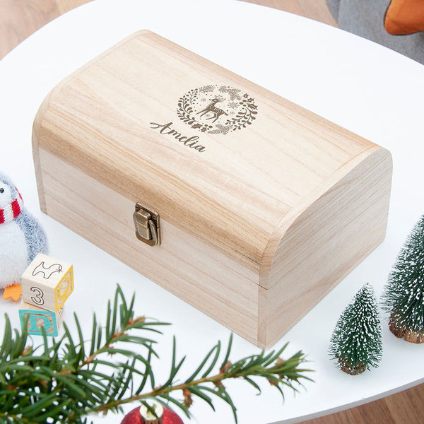 Personalised Christmas Woodland Keepsake Chest available to buy at www.giftsfinder.co.uk