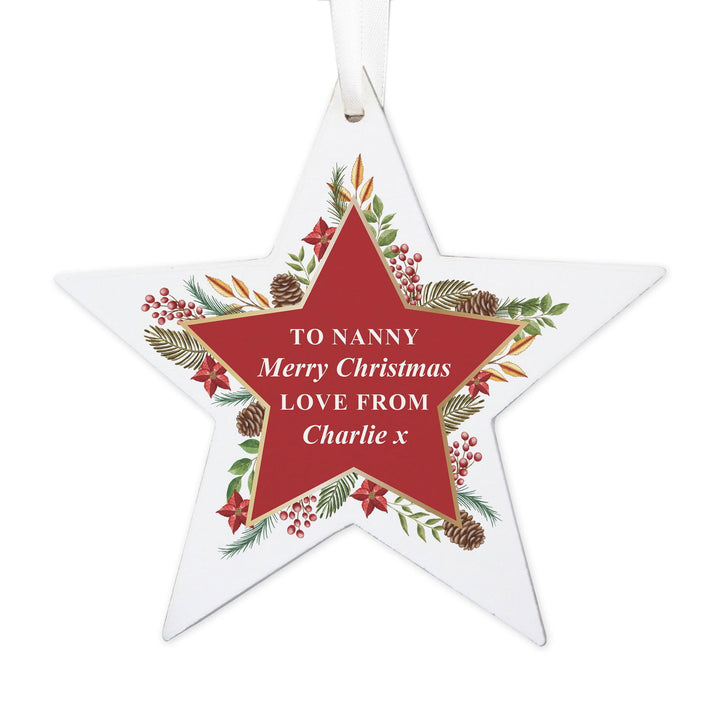 Personalised Christmas Wreath Wooden Star Decoration available to buy at www.giftsfinder.co.uk