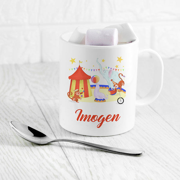 Personalised Circus Kids Polymer Mug available to buy at www.giftsfinder.co.uk