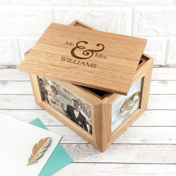 Personalised Classic Mr & Mrs Midi Oak Photo Cube Keepsake Box available to buy at www.giftsfinder.co.uk