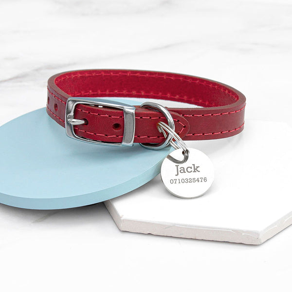 Personalised Classic Red Leather Dog Collar With Tag available to buy at www.giftsfinder.co.uk