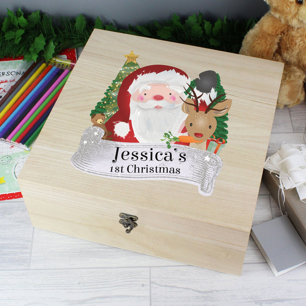 Personalised Colourful Santa Large Wooden Christmas Eve Box available to buy at www.giftsfinder.co.uk