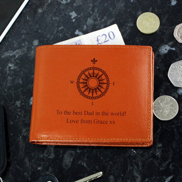 Personalised Compass Tan Leather Wallet available to buy at www.giftsfinder.co.uk