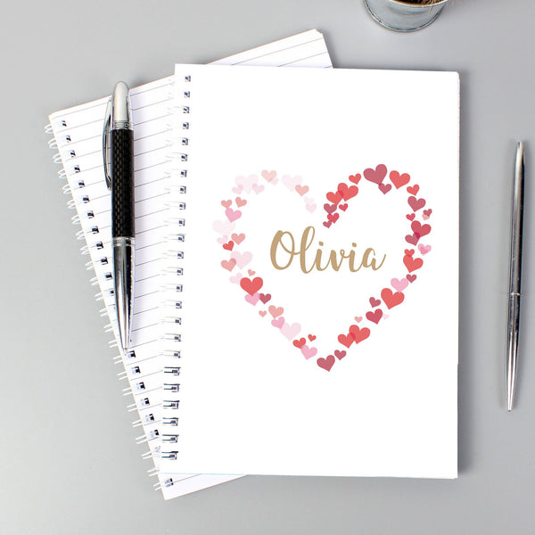 Personalised Confetti Hearts A5 Notebook available to buy at www.giftsfinder.co.uk