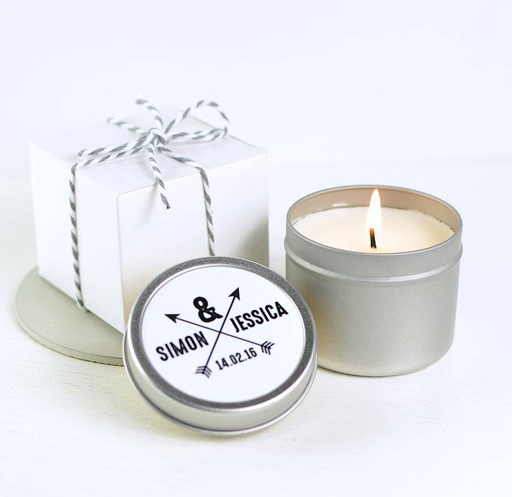 Personalised Couple's Arrows Scented Soy Candle available to buy at www.giftsfinder.co.uk