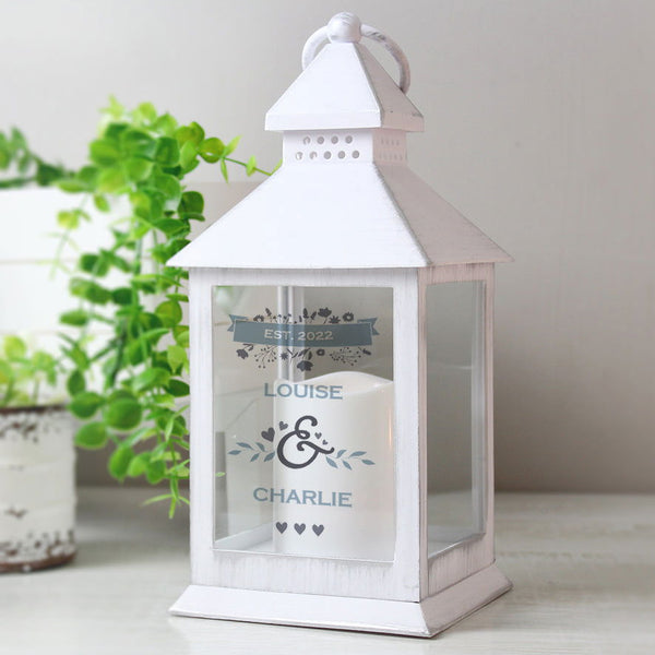 Personalised Couple's Floral White Lantern available to buy at www.giftsfinder.co.uk