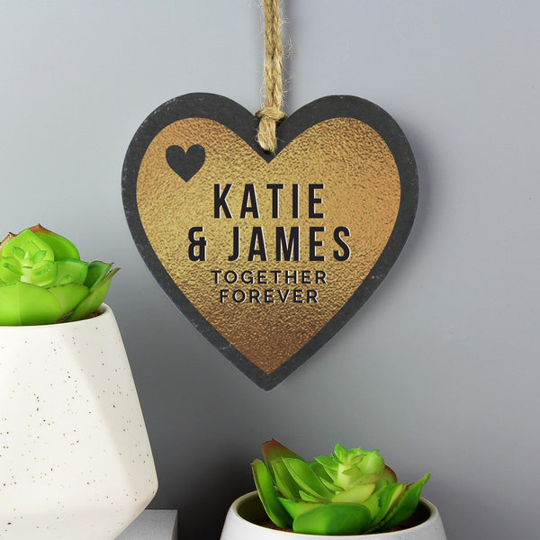 Personalised Couples Gold Printed Slate Heart Decoration available to buy at www.giftsfinder.co.uk