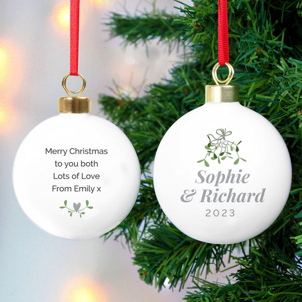 Personalised Couples Mistletoe Bauble available to buy at www.giftsfinder.co.uk