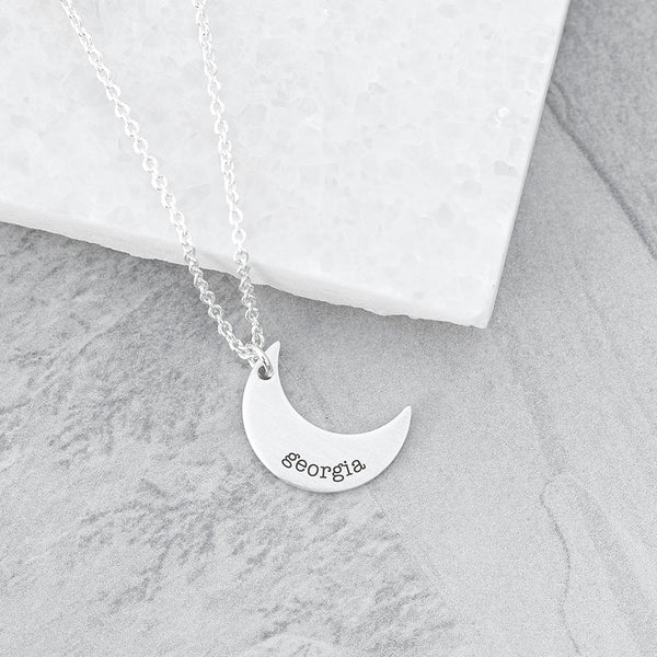 Personalised Crescent Moon Necklace available to buy at www.giftsfinder.co.uk