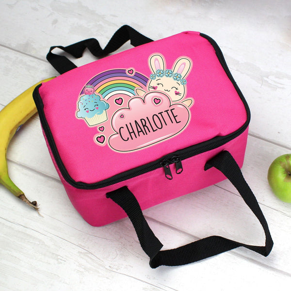 Personalised Cute Bunny Pink Lunch Bag available to buy at www.giftsfinder.co.uk