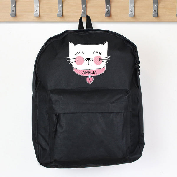 Personalised Cute Cat Black Backpack available to buy at www.giftsfinder.co.uk