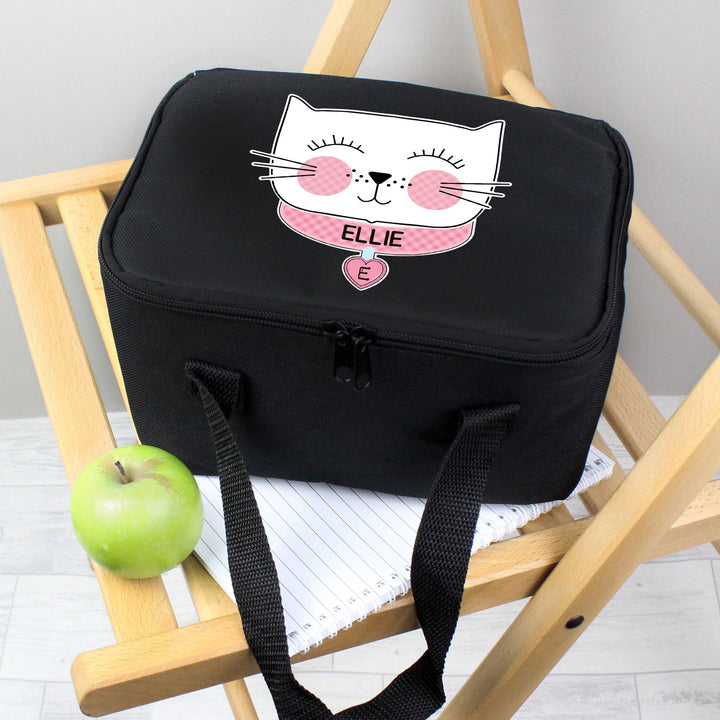 Personalised Cute Cat Black Lunch Bag available to buy at www.giftsfinder.co.uk