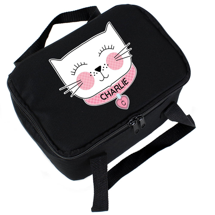 Personalised Cute Cat Black Lunch Bag available to buy at www.giftsfinder.co.uk