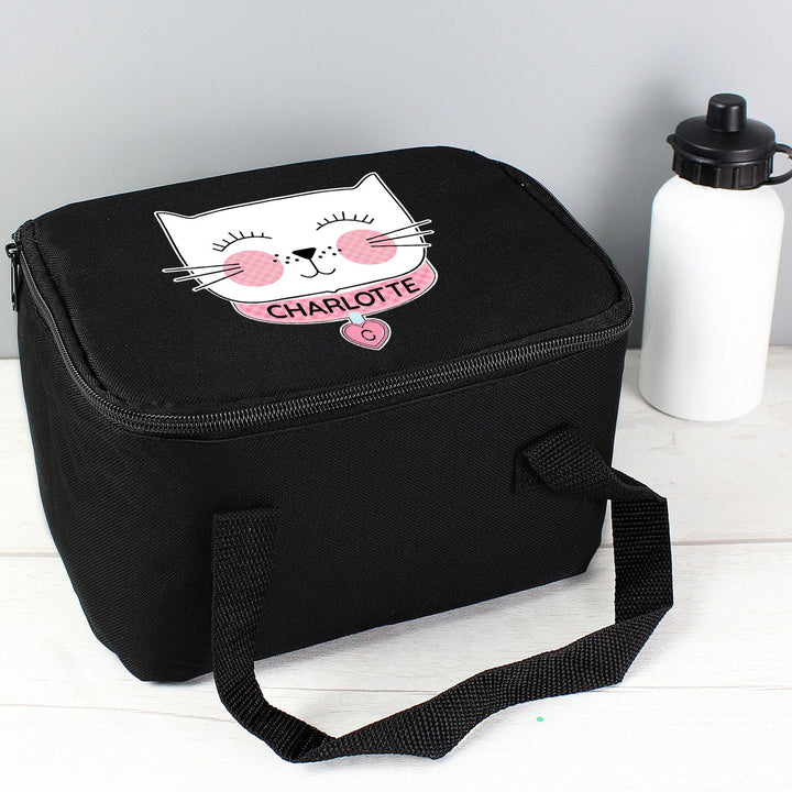 Personalised Cute Cat Black Lunch Bag available to buy at www.giftsfinder.co.uk