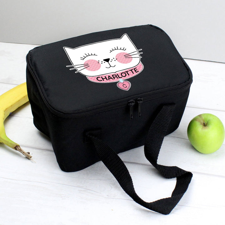 Personalised Cute Cat Black Lunch Bag available to buy at www.giftsfinder.co.uk