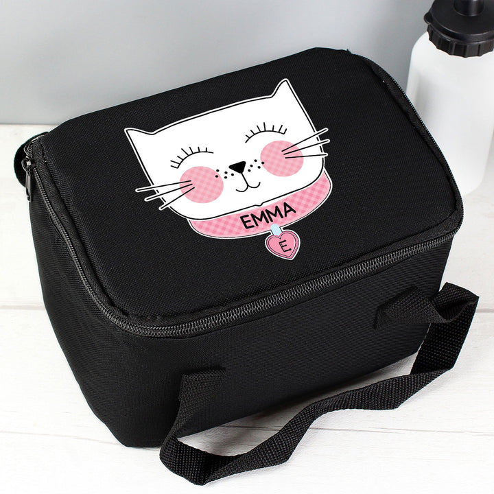 Personalised Cute Cat Black Lunch Bag available to buy at www.giftsfinder.co.uk