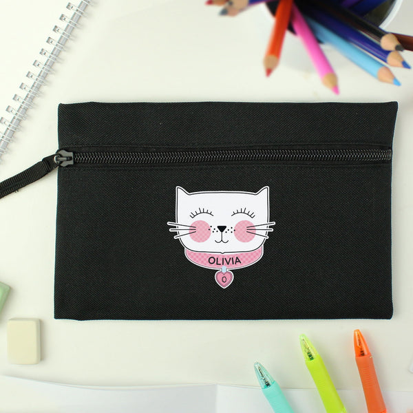 Personalised Cute Cat Black Pencil Case available to buy at www.giftsfinder.co.uk