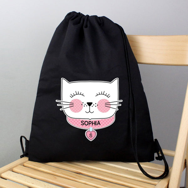 Personalised Cute Cat Black Swim & Kit Bag available to buy at www.giftsfinder.co.uk