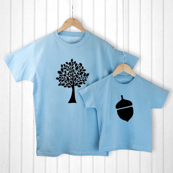 Personalised Daddy And Me Acorn Blue T-Shirts available to buy at www.giftsfinder.co.uk