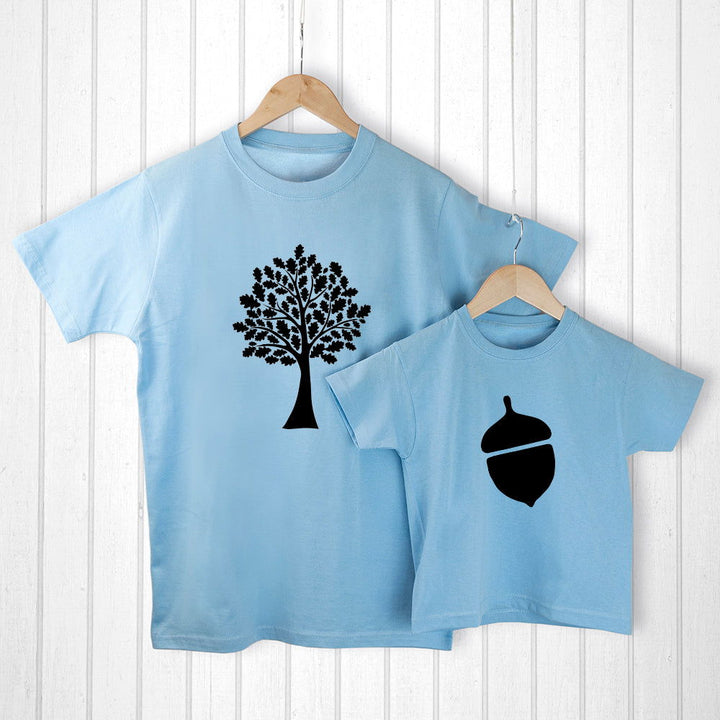 Personalised Daddy And Me Acorn Blue T-Shirts available to buy at www.giftsfinder.co.uk