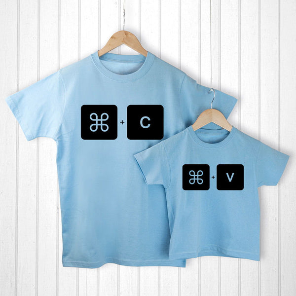 Personalised Daddy And Me Command+V Blue T-Shirts available to buy at www.giftsfinder.co.uk