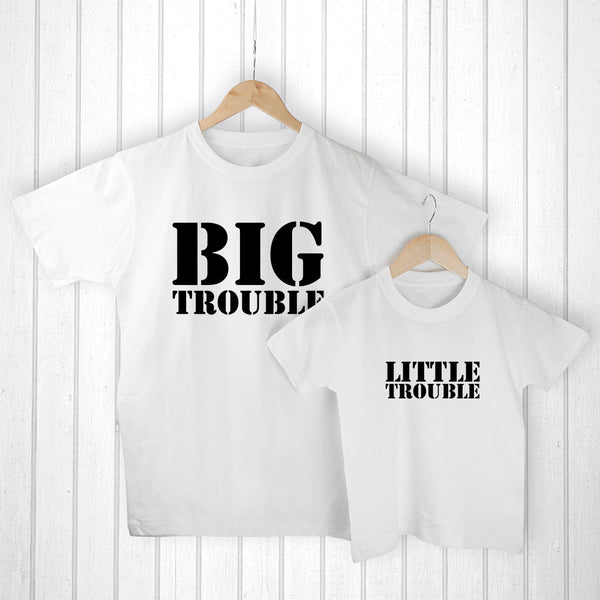 Personalised Daddy And Me Here Comes Trouble White T-Shirts available to buy at www.giftsfinder.co.uk