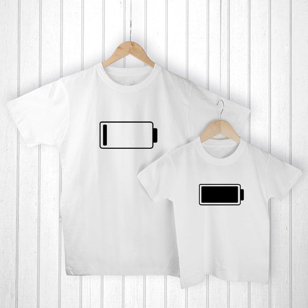 Personalised Daddy And Me Low Battery White T-Shirts available to buy at www.giftsfinder.co.uk