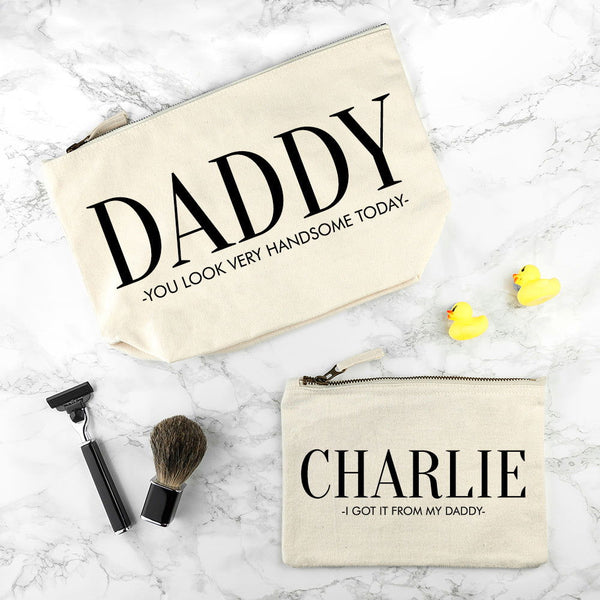 Personalised Daddy & Me Cream Wash Bags available to buy at www.giftsfinder.co.uk