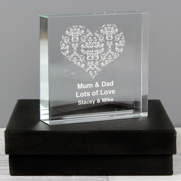 Personalised Damask White Heart Large Crystal Token available to buy at www.giftsfinder.co.uk