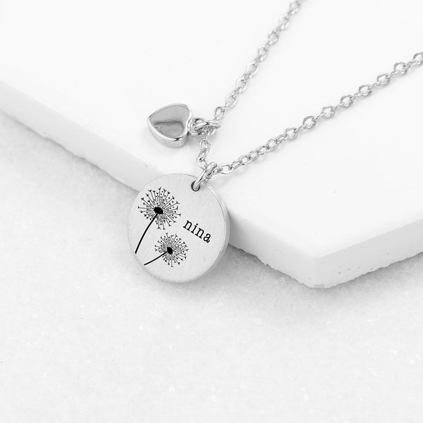 Personalised Dandelion Matte Heart & Disc Necklace available to buy at www.giftsfinder.co.uk