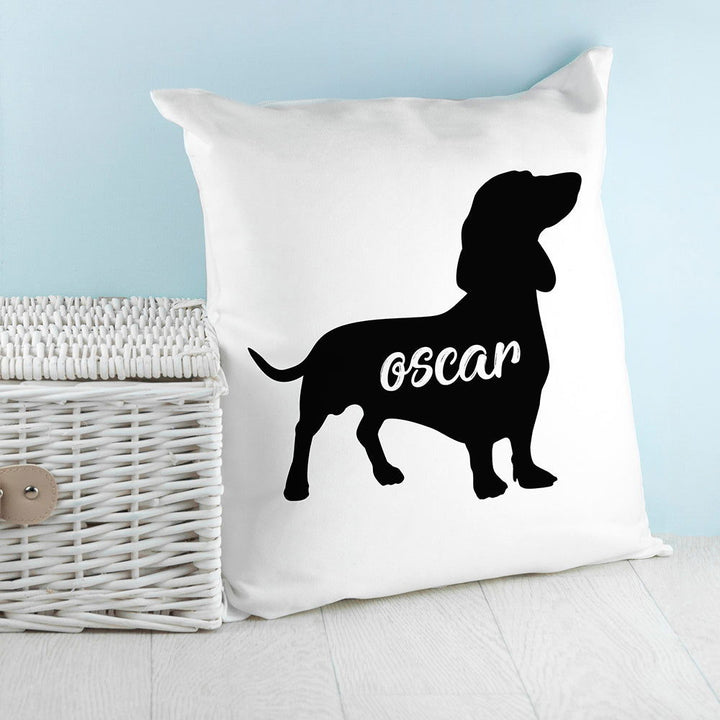 Personalised Daschund Silhouette Cushion Cover available to buy at www.giftsfinder.co.uk