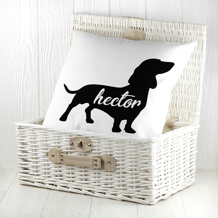 Personalised Daschund Silhouette Cushion Cover available to buy at www.giftsfinder.co.uk