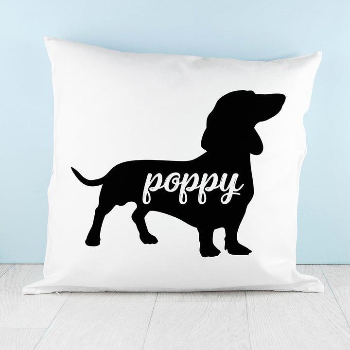 Personalised Daschund Silhouette Cushion Cover available to buy at www.giftsfinder.co.uk