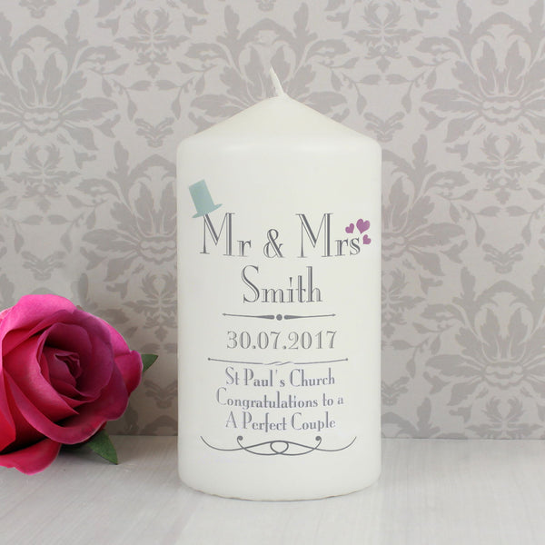 Personalised Decorative Wedding Mr & Mrs Pillar Candle available to buy at www.giftsfinder.co.uk