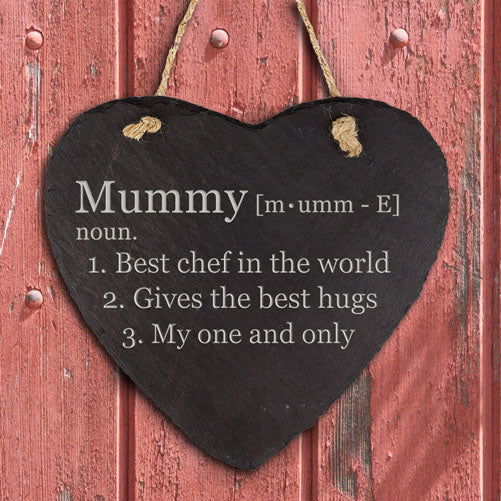 Personalised Definition Of Mummy Heart Hanging Slate Keepsake available to buy at www.giftsfinder.co.uk