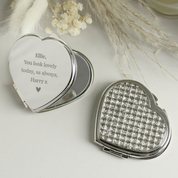 Personalised Diamante Heart Compact Mirror available to buy at www.giftsfinder.co.uk