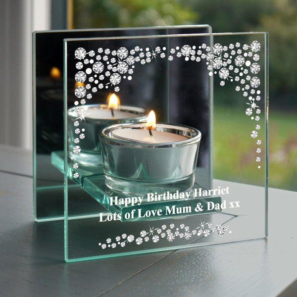 Personalised Diamante Mirrored Glass Tea Light Candle Holder available to buy at www.giftsfinder.co.uk