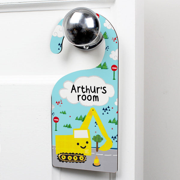 Personalised Digger Door Hanger available to buy at www.giftsfinder.co.uk