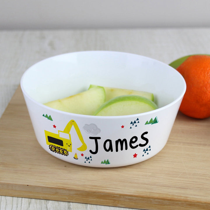 Personalised Digger Plastic Bowl available to buy at www.giftsfinder.co.uk