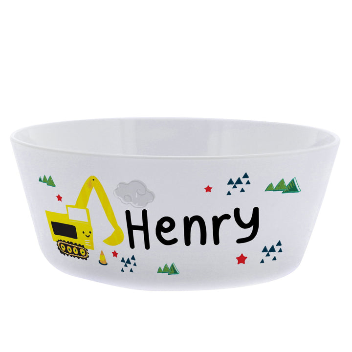 Personalised Digger Plastic Bowl available to buy at www.giftsfinder.co.uk