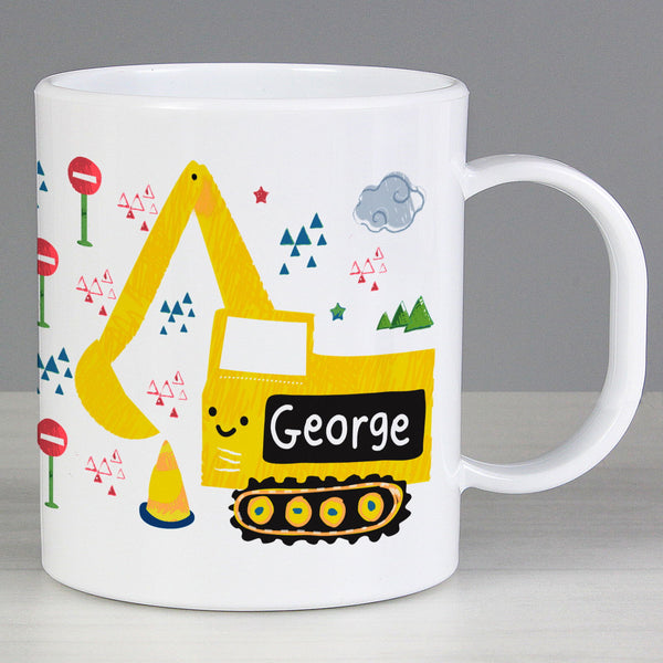 Personalised Digger Plastic Mug available to buy at www.giftsfinder.co.uk