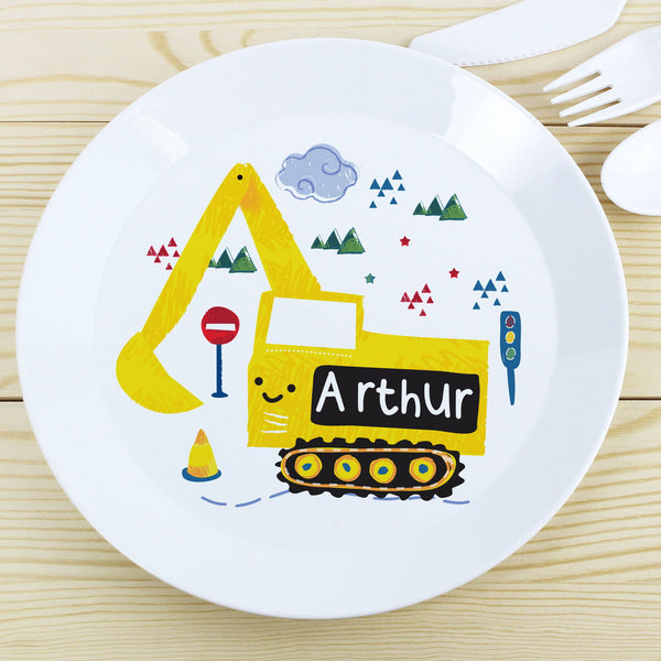 Personalised Digger Plastic Plate available to buy at www.giftsfinder.co.uk