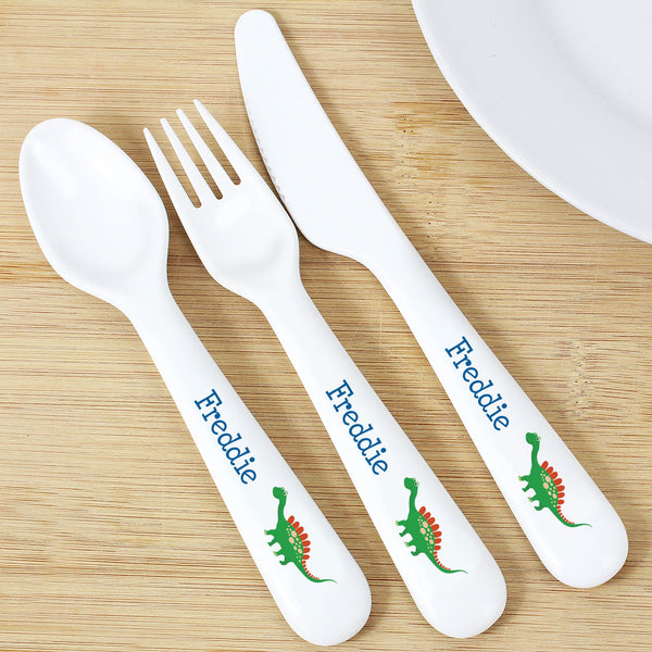 Personalised Dinosaur 3 Piece Plastic Cutlery Set available to buy at www.giftsfinder.co.uk