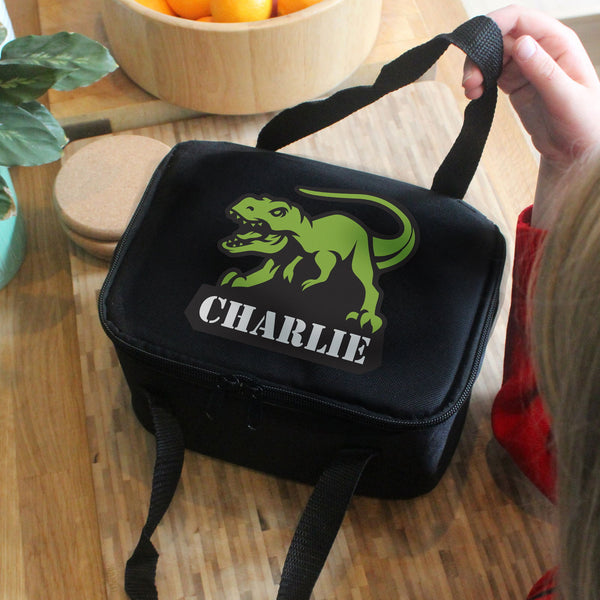 Personalised Dinosaur Black Lunch Bag available to buy at www.giftsfinder.co.uk