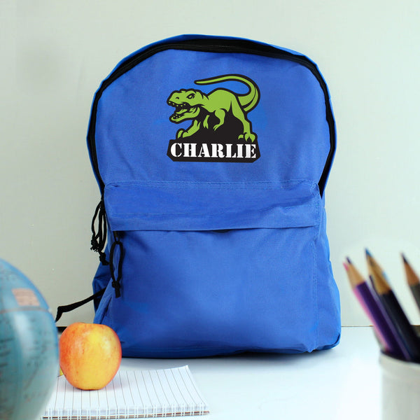 Personalised Dinosaur Blue Backpack available to buy at www.giftsfinder.co.uk