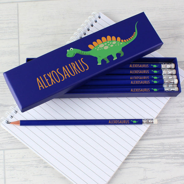 Personalised Dinosaur Box of 12 Blue HB Pencils available to buy at www.giftsfinder.co.uk