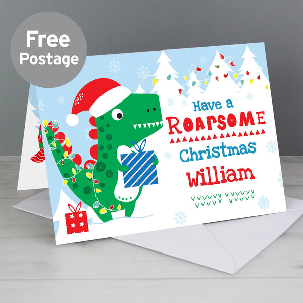 Personalised Dinosaur 'Have a Roarsome Christmas' Card available to buy at www.giftsfinder.co.uk