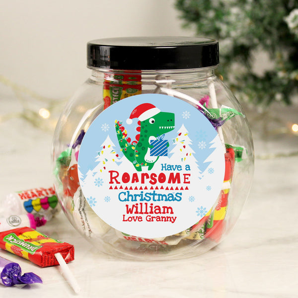 Personalised Dinosaur 'Have a Roarsome Christmas' Sweet Jar available to buy at www.giftsfinder.co.uk