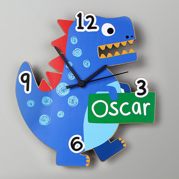 Personalised Dinosaur Shape Wooden Clock available to buy at www.giftsfinder.co.uk