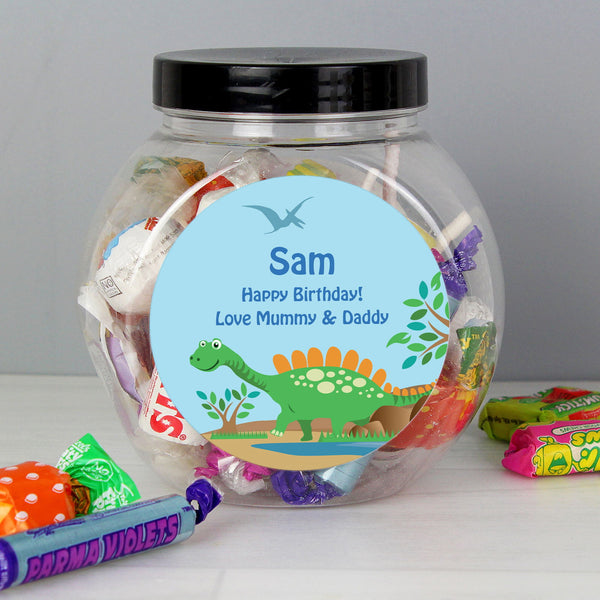 Personalised Dinosaur Sweets Jar available to buy at www.giftsfinder.co.uk